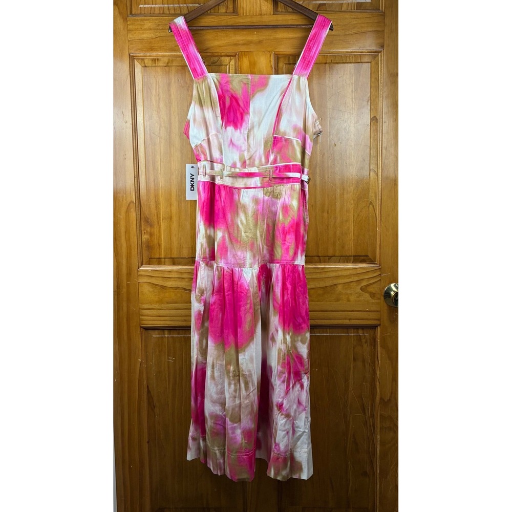 DKNY Women Sz 14 Pink Tie Dye Tiered Midi Dress Sleeveless Belted Festival Boho